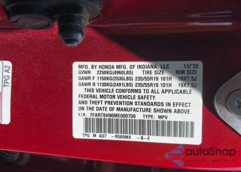 2021 Honda Cr-V Hybrid Touring из США, поврежденный, VIN 7FART6H90ME000709